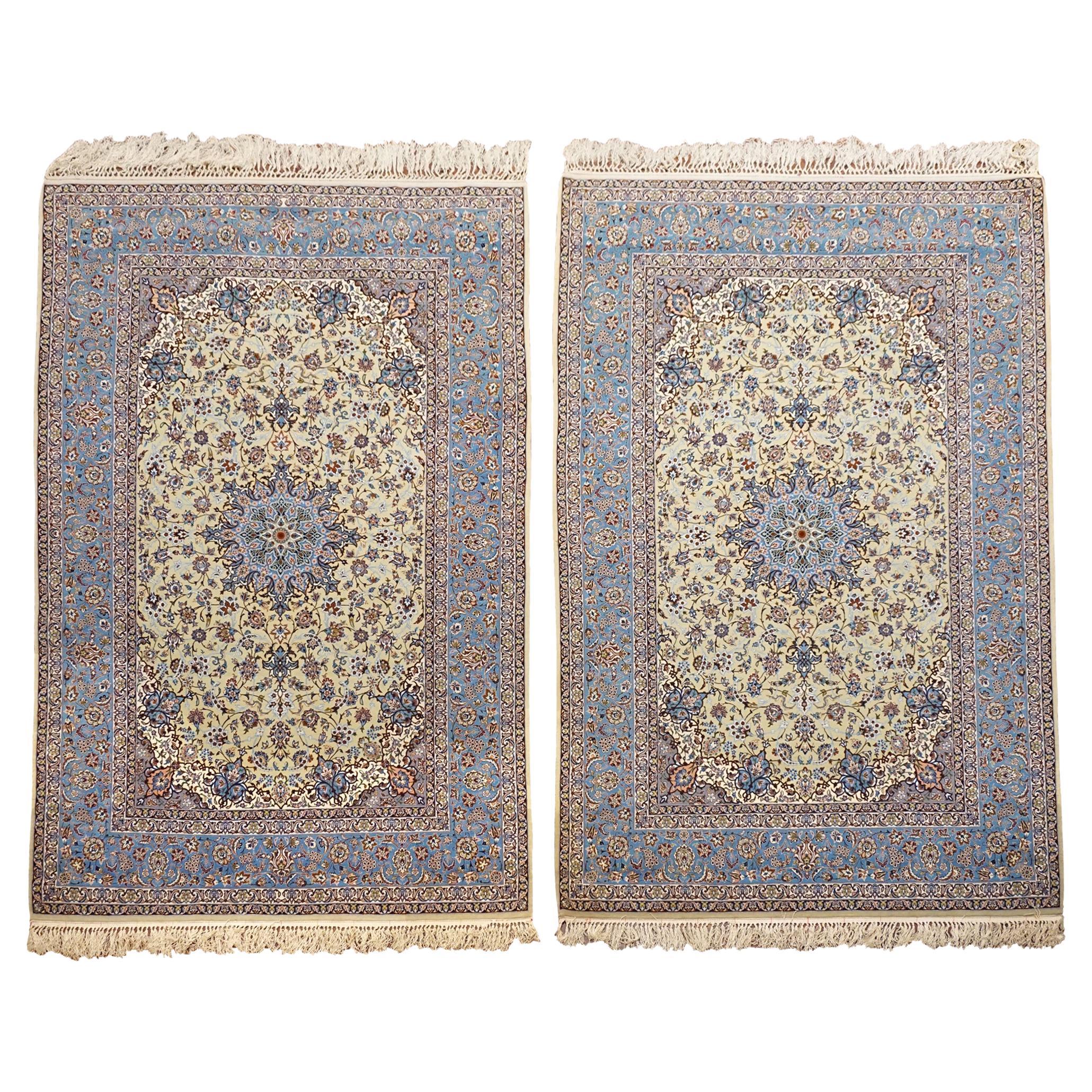 Pair of Vintage Wool and Silk Persian Isfahan Rugs For Sale