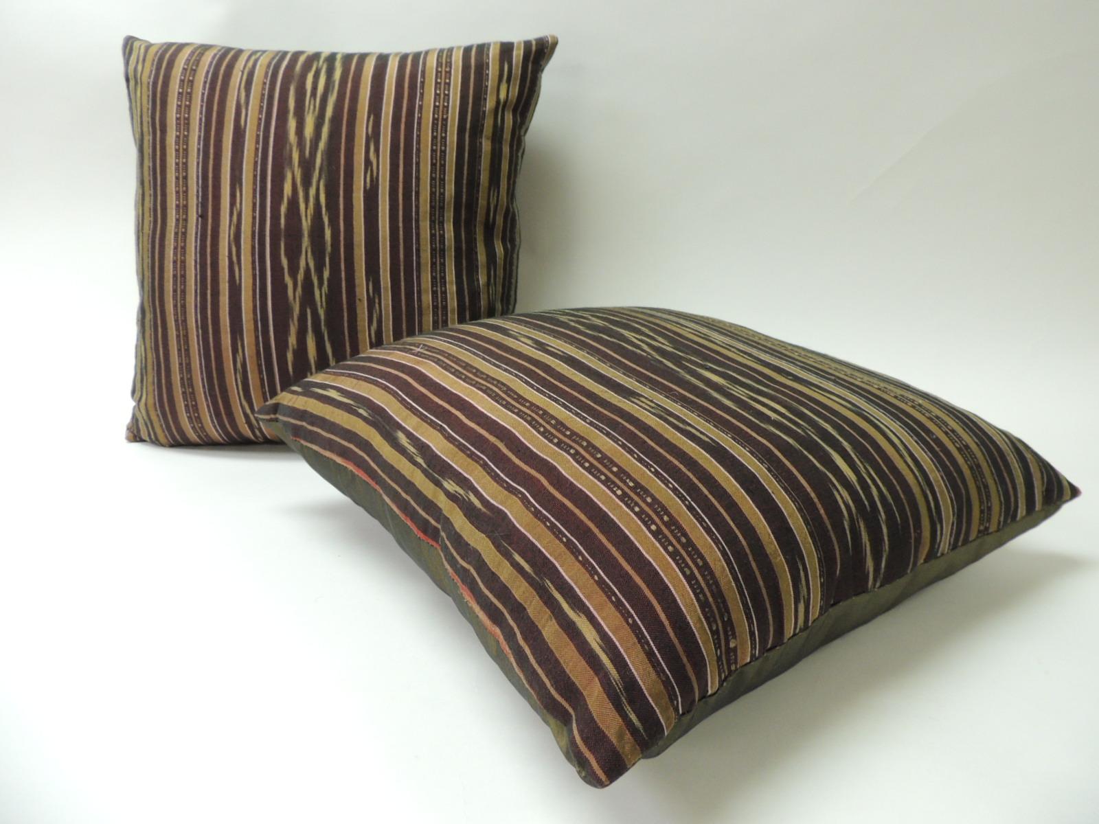 Tribal Pair of Vintage Woven Purple and Yellow Silk Ikat Decorative Square Pillows