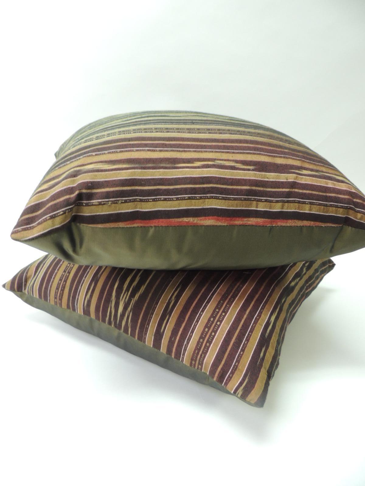 Hand-Crafted Pair of Vintage Woven Purple and Yellow Silk Ikat Decorative Square Pillows