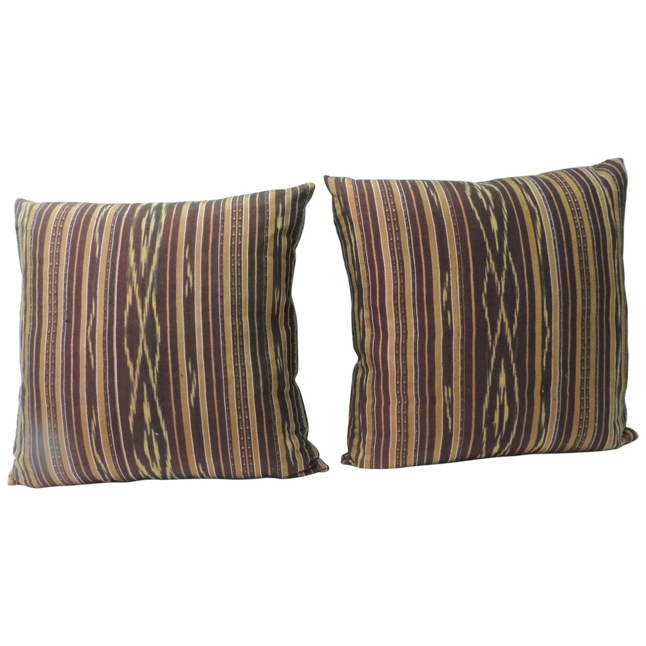 Pair of Vintage Woven Purple and Yellow Silk Ikat Decorative Square Pillows