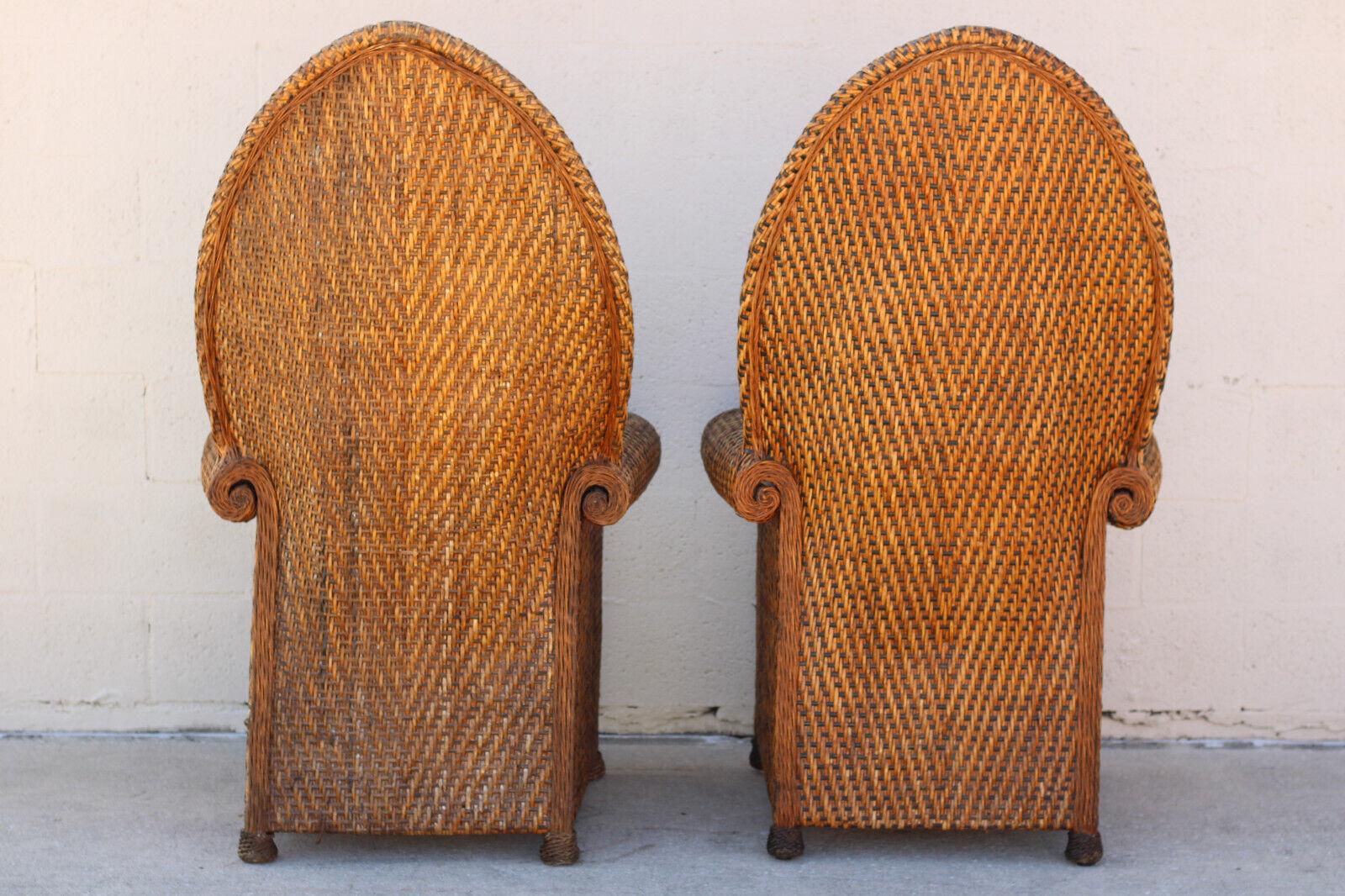 20th Century Pair of Vintage Woven Rattan High Back Roll-Arm Chairs For Sale
