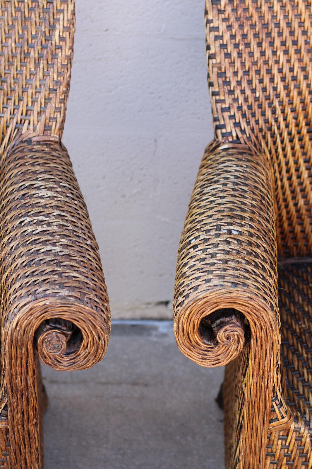 Bamboo Pair of Vintage Woven Rattan High Back Roll-Arm Chairs For Sale