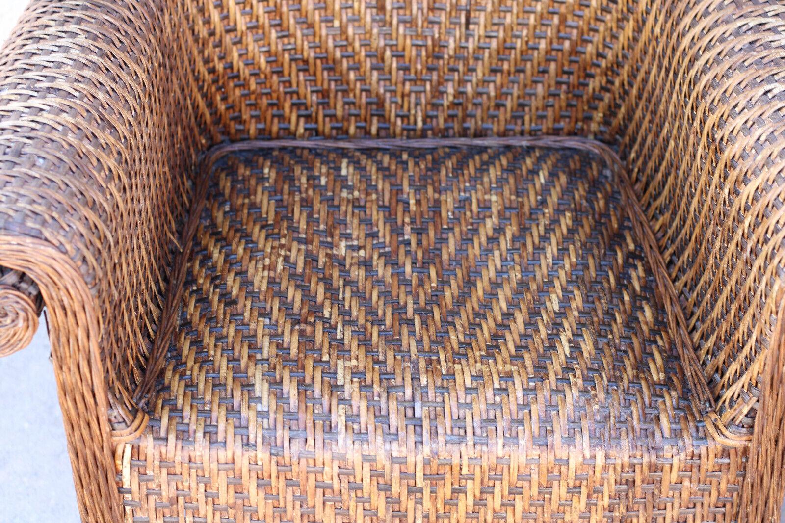 Pair of Vintage Woven Rattan High Back Roll-Arm Chairs For Sale 1