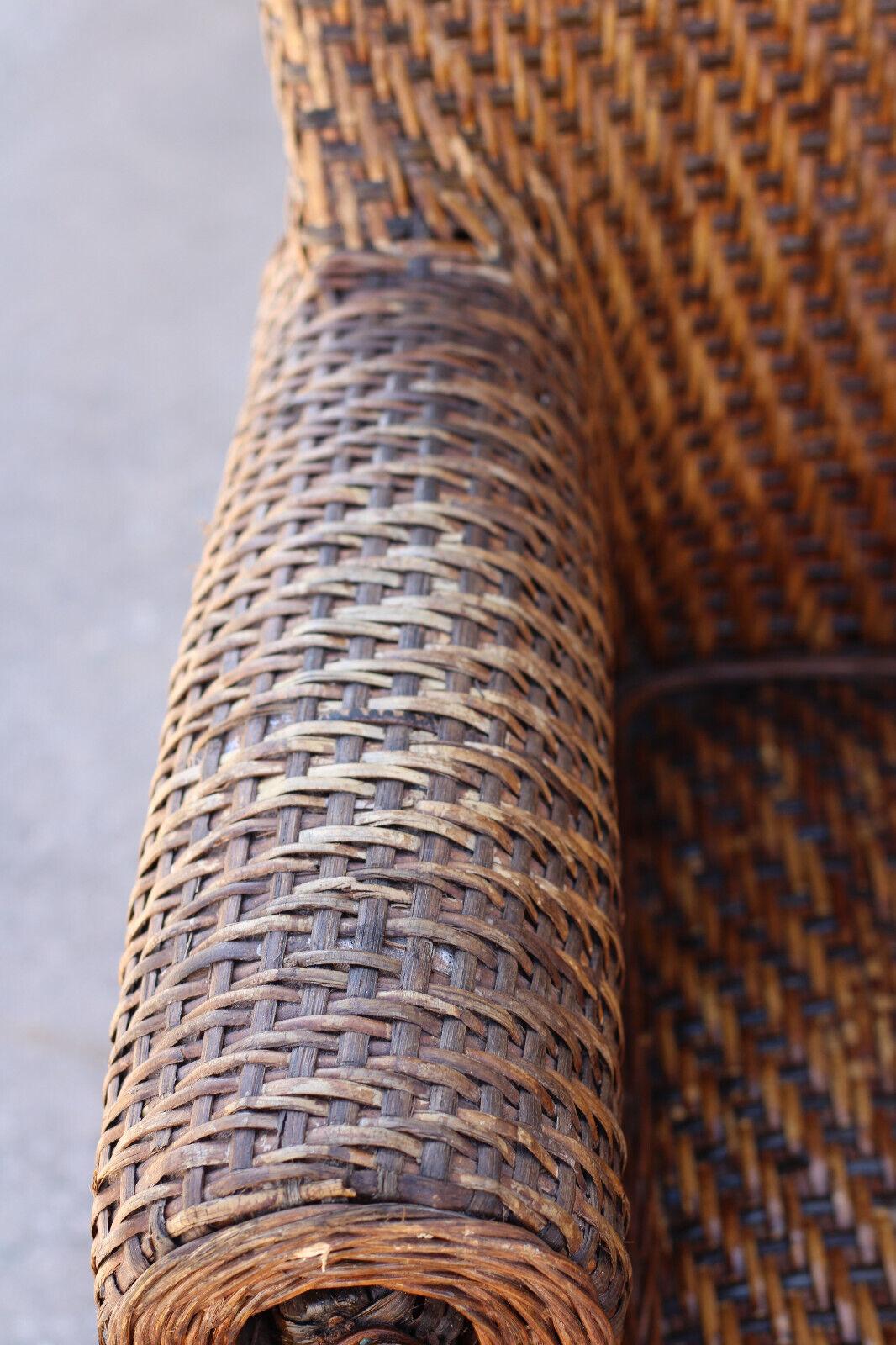 Pair of Vintage Woven Rattan High Back Roll-Arm Chairs For Sale 3