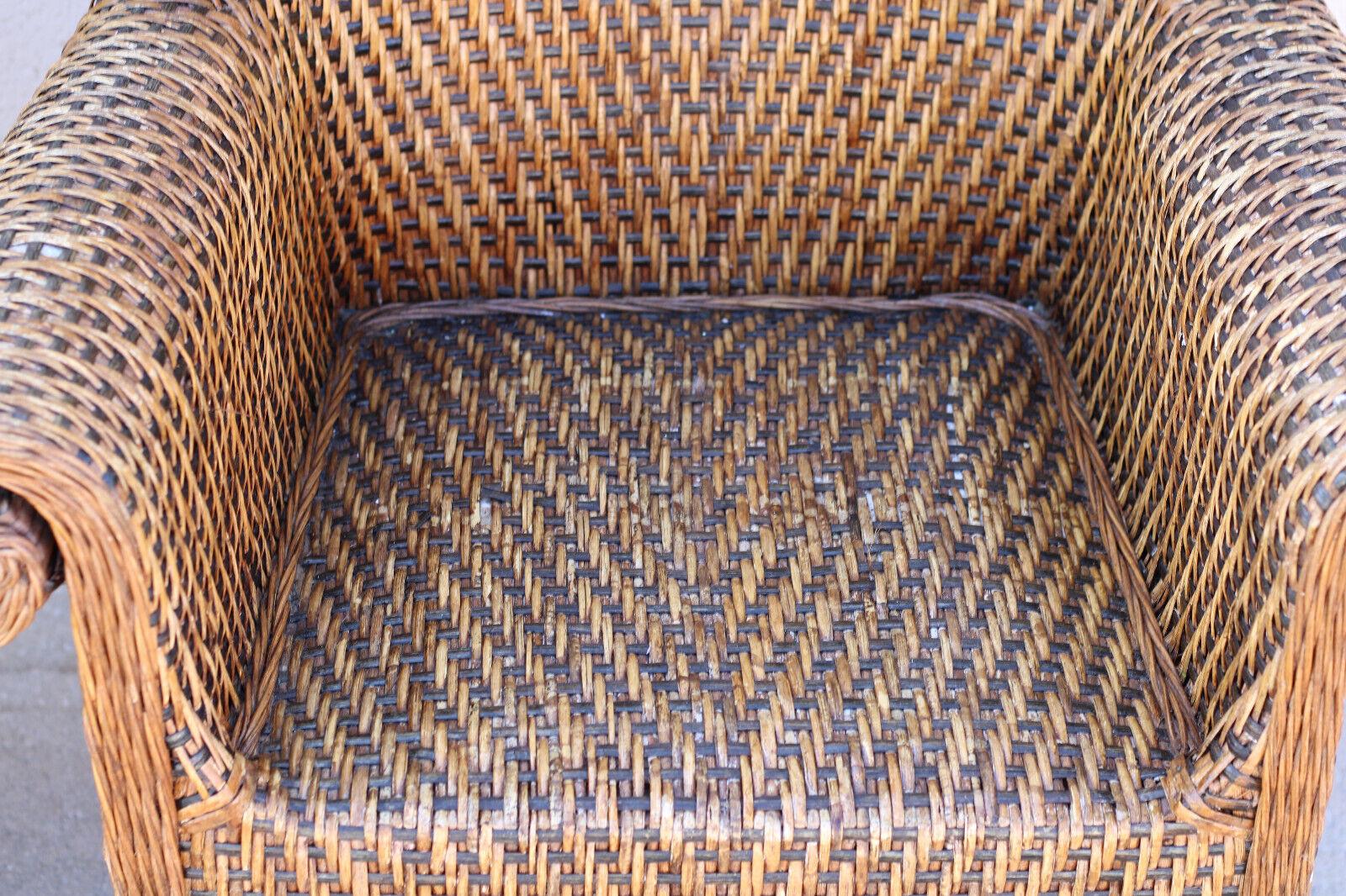 Pair of Vintage Woven Rattan High Back Roll-Arm Chairs For Sale 5