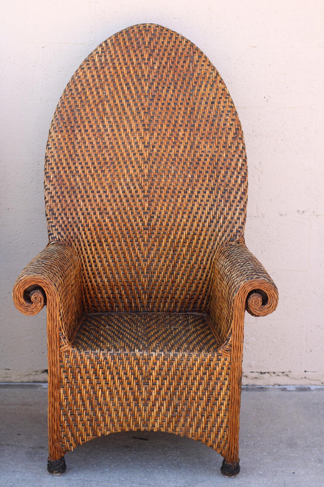 Organic Modern Pair of Vintage Woven Rattan High Back Roll-Arm Chairs For Sale