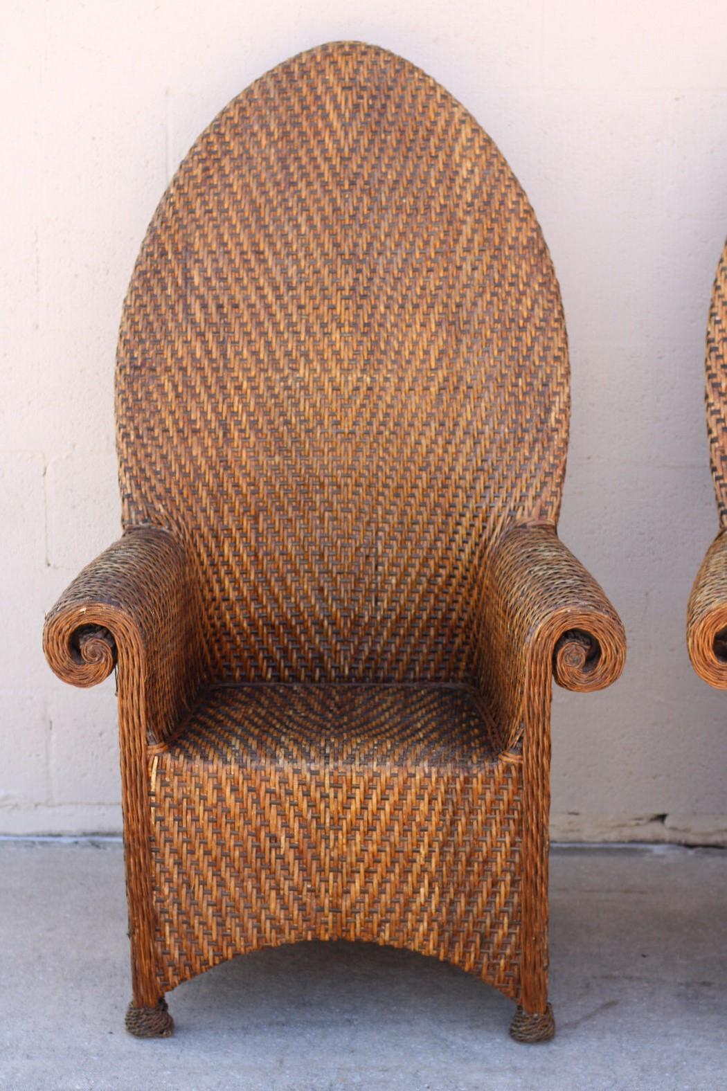 Unknown Pair of Vintage Woven Rattan High Back Roll-Arm Chairs For Sale
