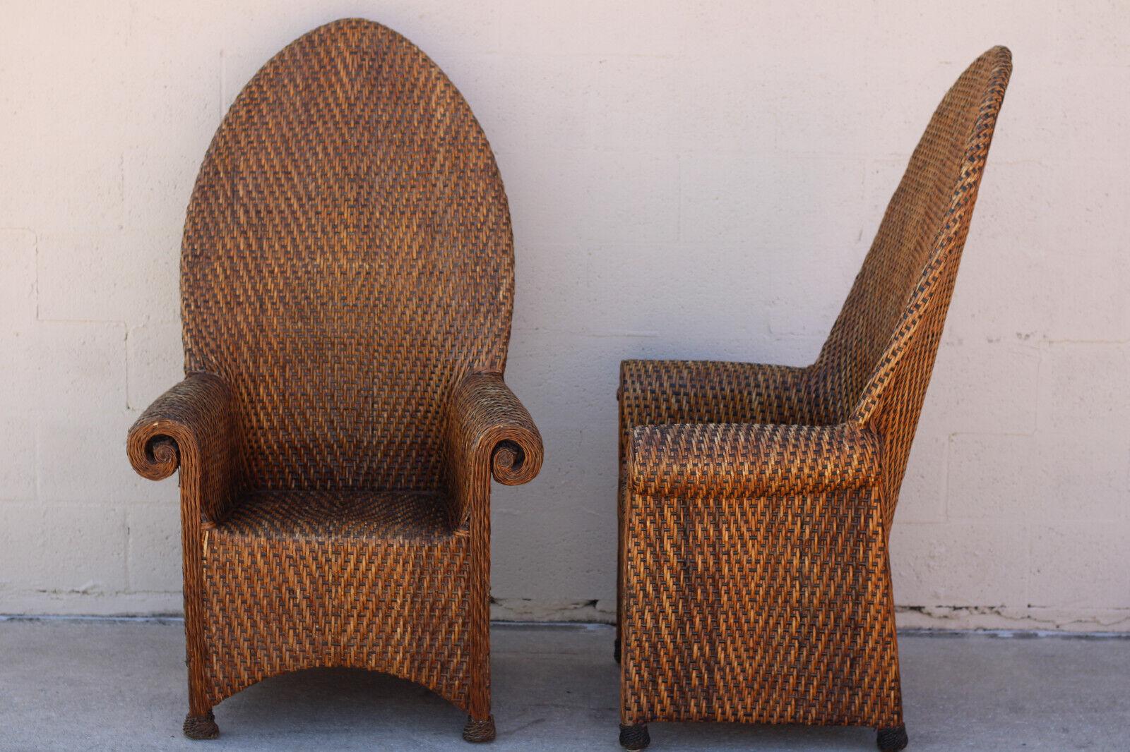 Pair of Vintage Woven Rattan High Back Roll-Arm Chairs In Good Condition For Sale In Vero Beach, FL