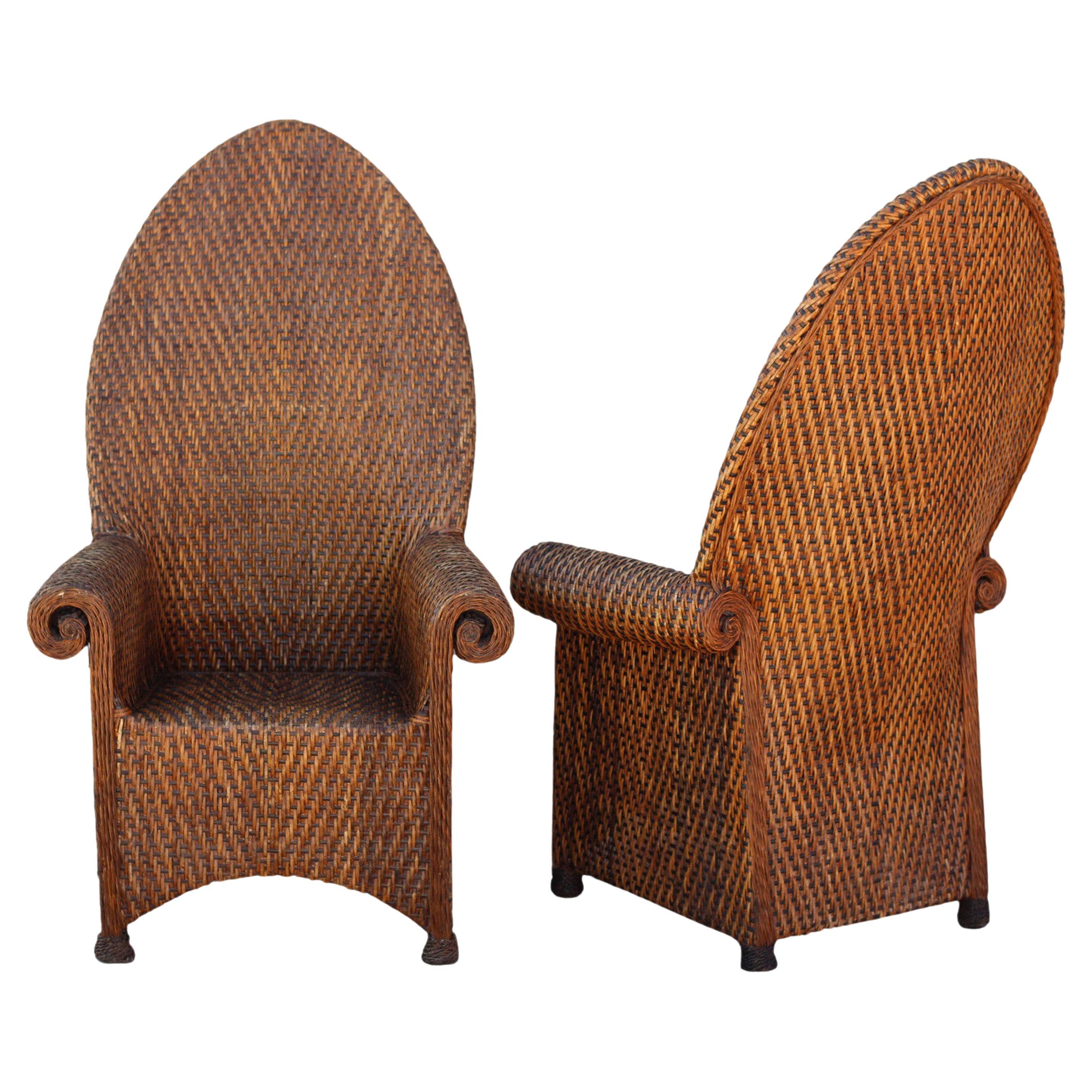 Pair of Vintage Woven Rattan High Back Roll-Arm Chairs For Sale