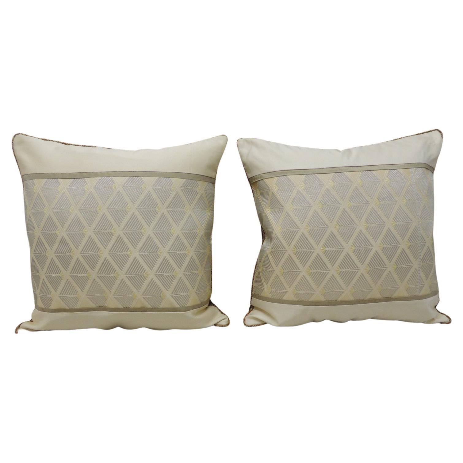 Pair of Vintage Woven Silk Gold and Silver Obi Square Decorative Pillows