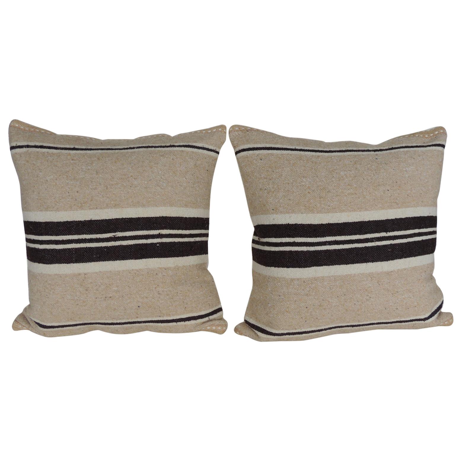 Pair of Vintage Woven Swedish Decorative Pillows with Ribbon Accents For Sale at 1stDibs