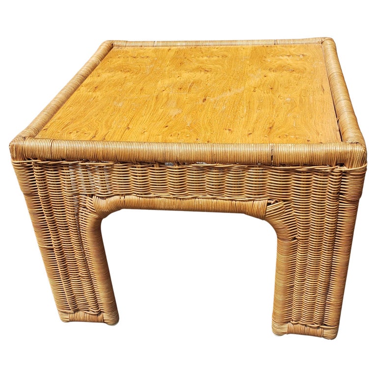Pair of Vintage Woven Wicker and Wood Top Side Tables by Thomasville For Sale at 1stDibs