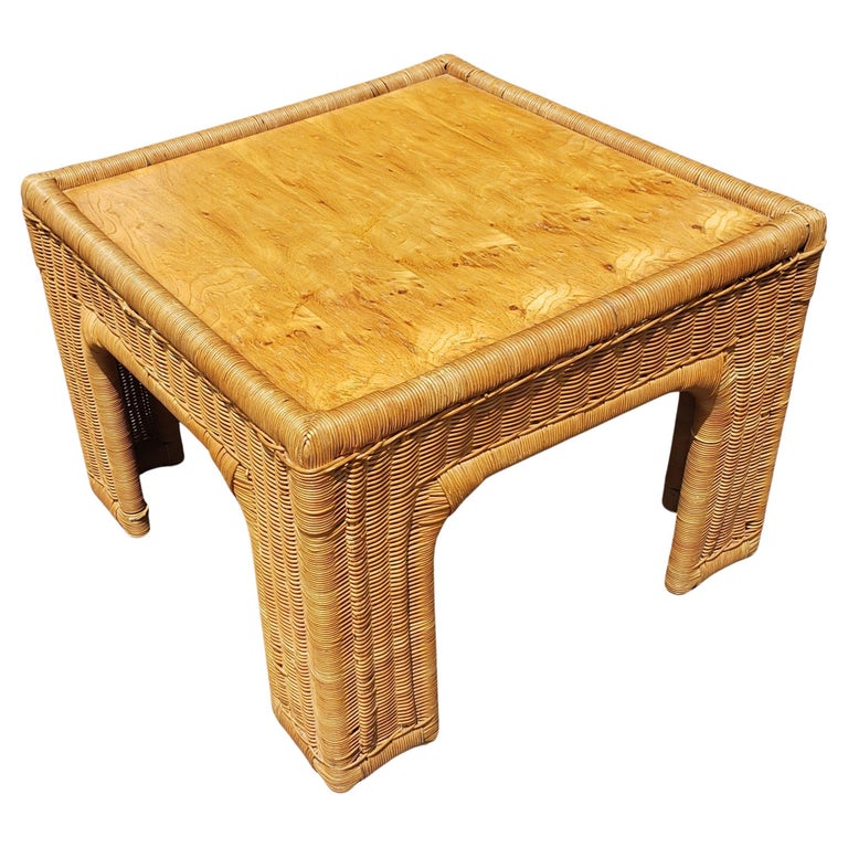 Pair of Vintage Woven Wicker and Wood Top Side Tables by Thomasville For Sale at 1stDibs