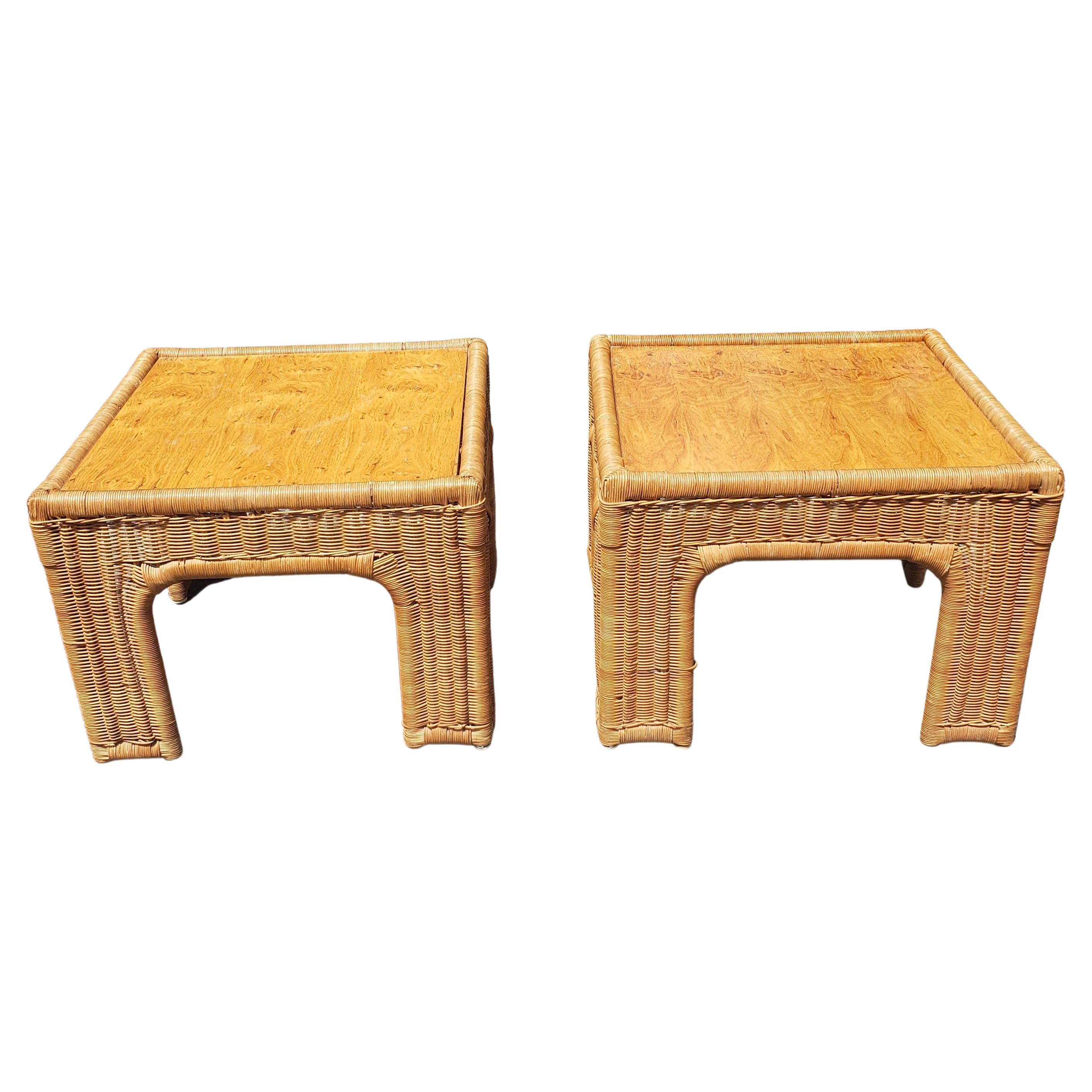 Pair of Vintage Woven Wicker and Wood Top Side Tables by Thomasville For Sale