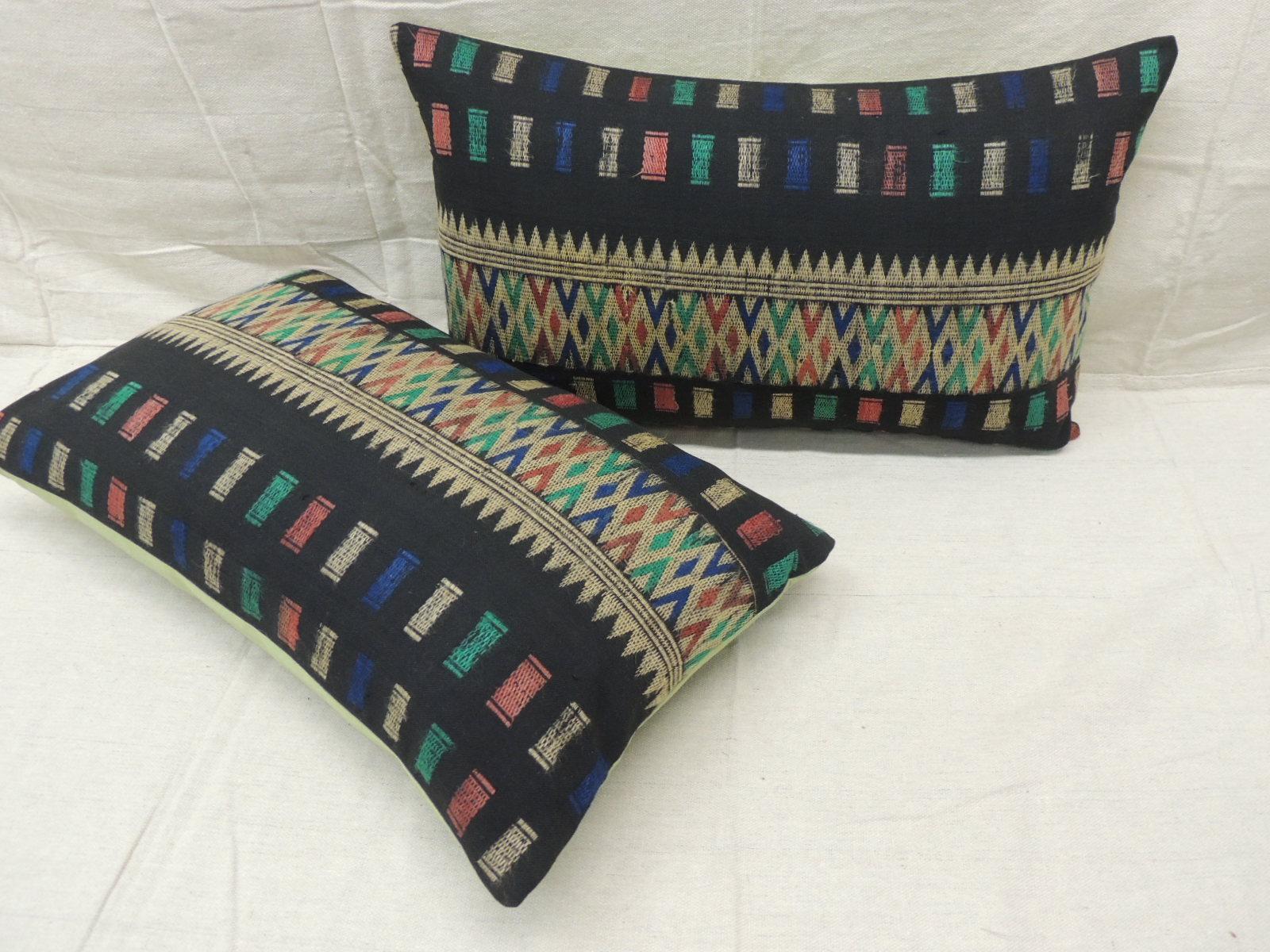 Tribal Pair of Vintage Woven Yellow and Blue Laos Woven Silk Decorative Lumbar Pillows