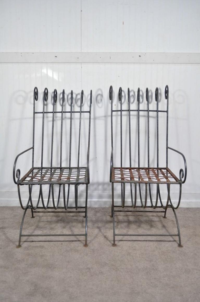 Pair of Vintage Wrought Iron Curule Whimsical Regency Style Scrolling Armchairs 8