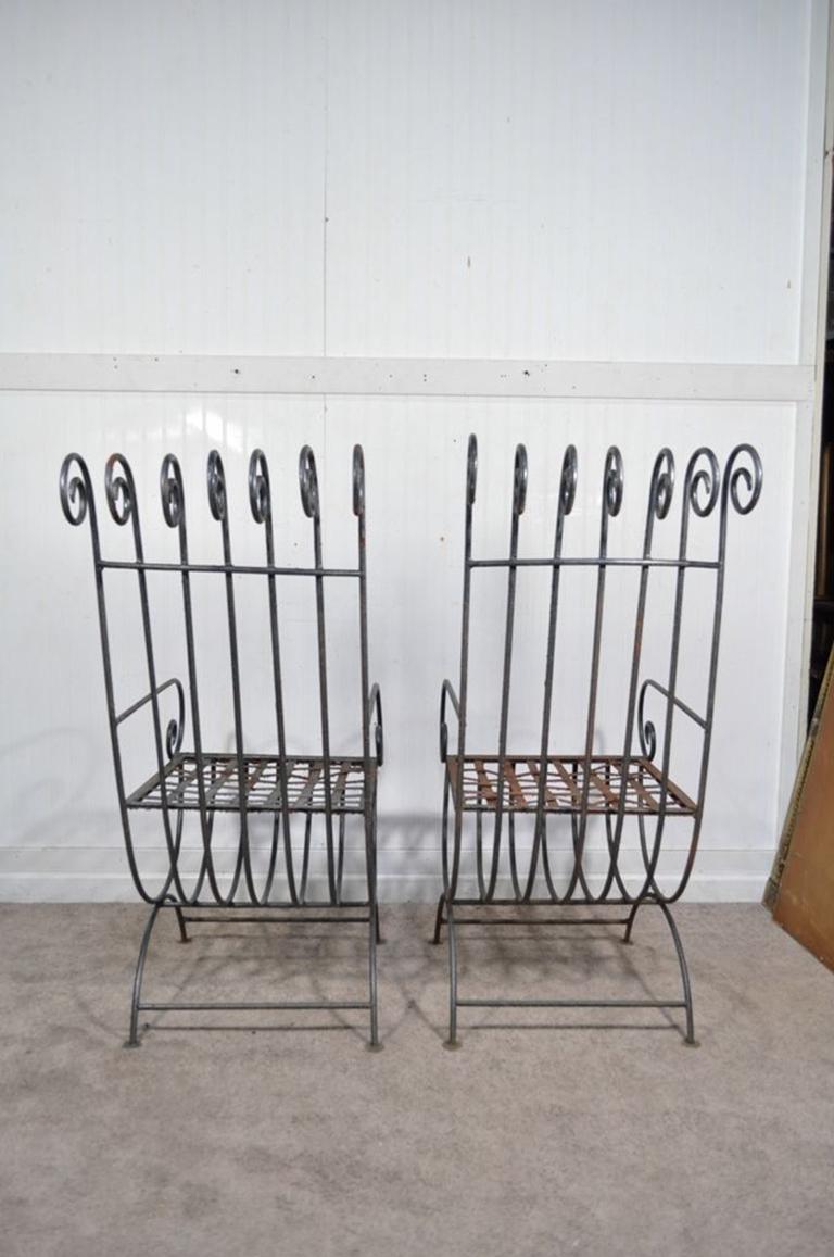 20th Century Pair of Vintage Wrought Iron Curule Whimsical Regency Style Scrolling Armchairs