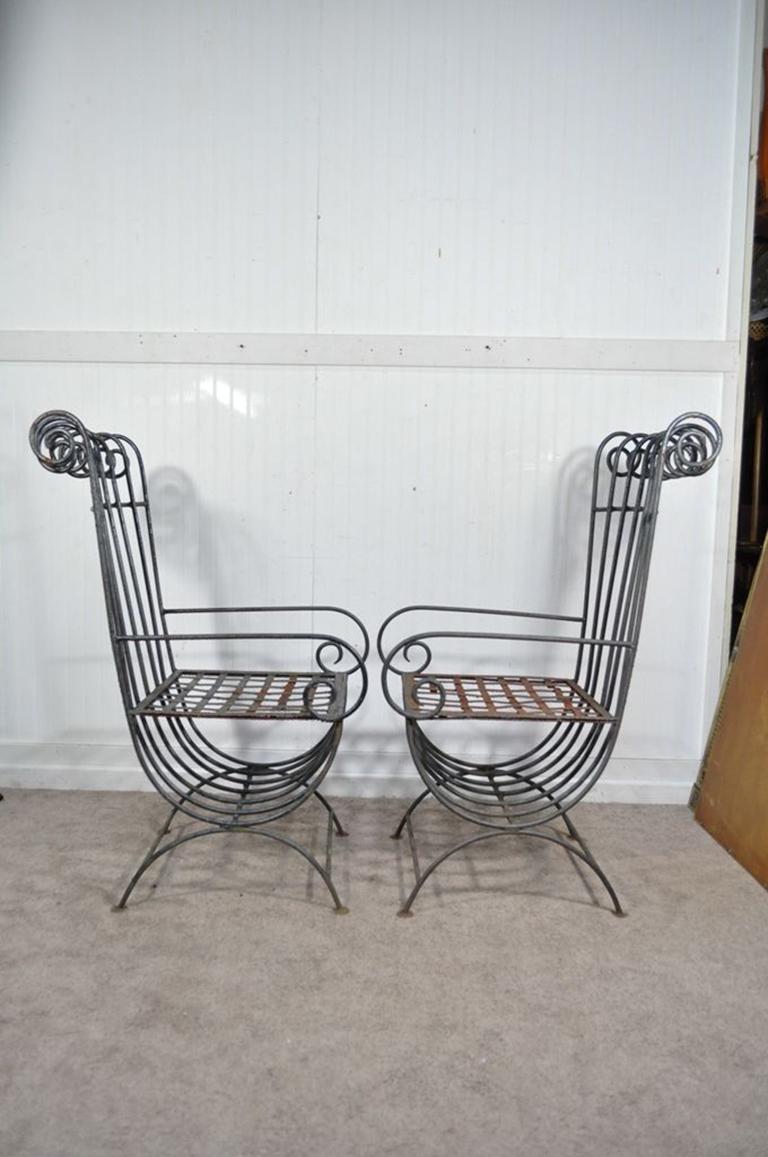 Pair of Vintage Wrought Iron Curule Whimsical Regency Style Scrolling Armchairs 4