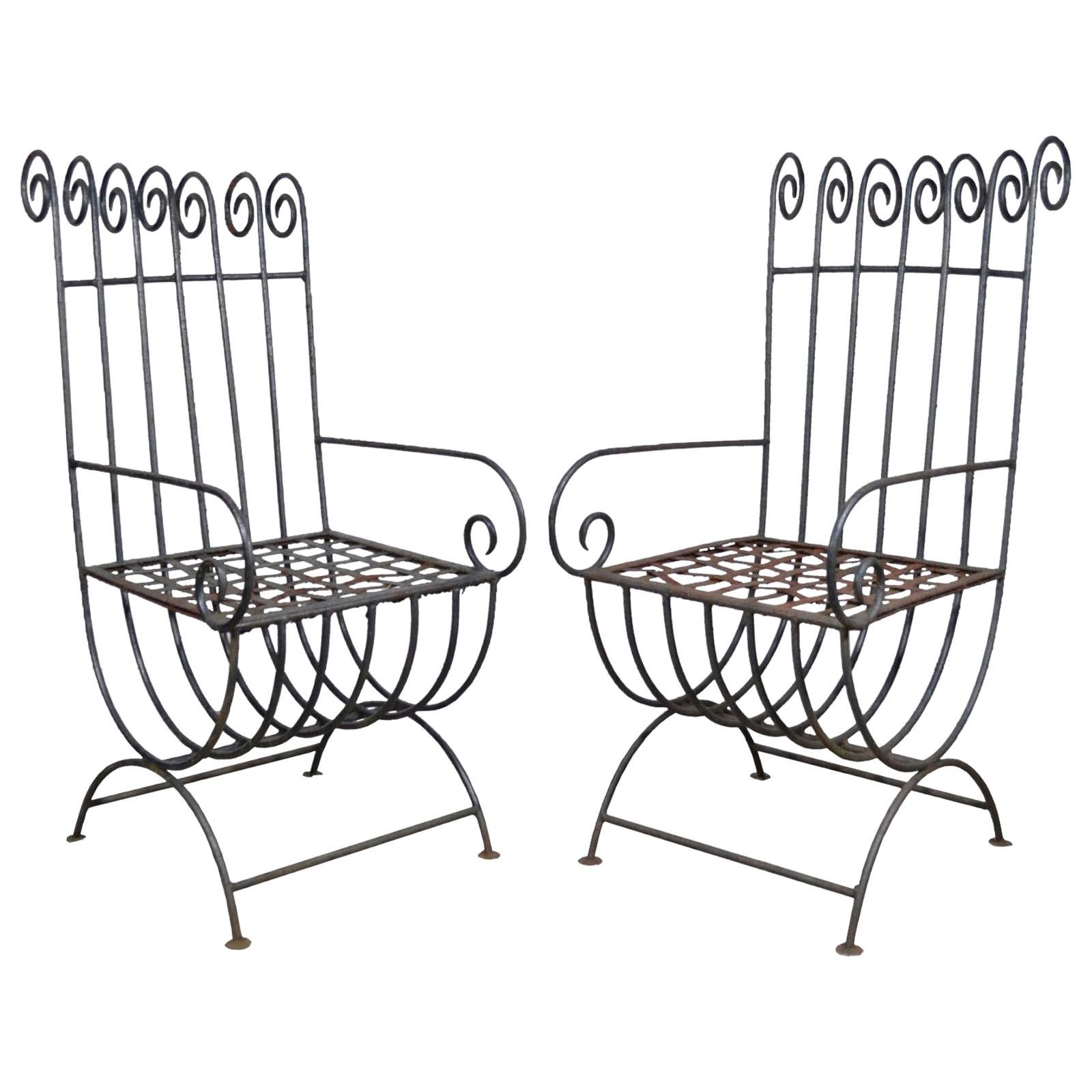 Pair of Vintage Wrought Iron Curule Whimsical Regency Style Scrolling Armchairs
