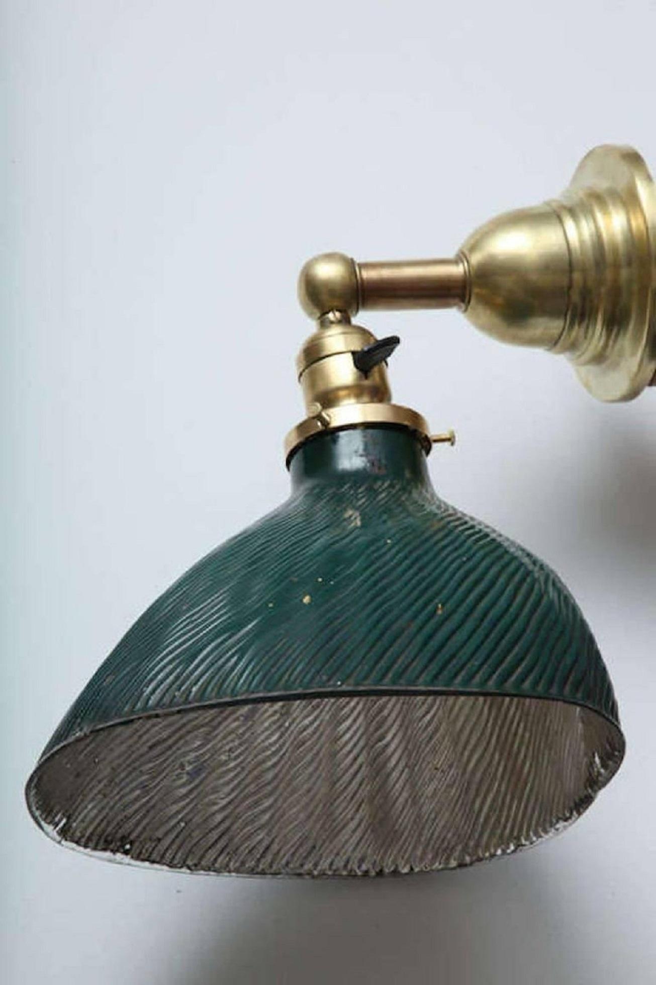 Industrial Pair of Vintage X-Ray Green Mercury Glass and Brass Wall Lamps For Sale