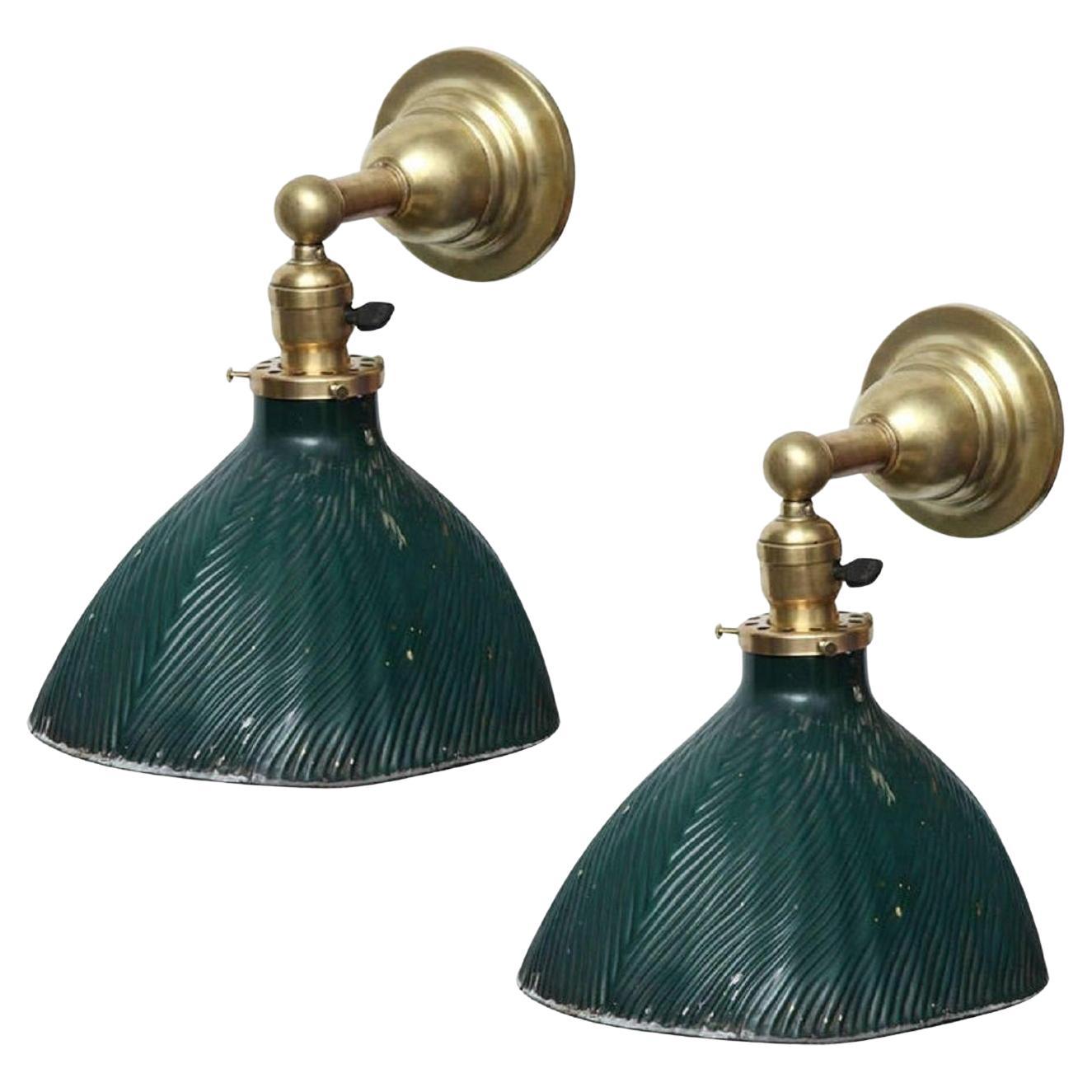 Pair of Vintage X-Ray Green Mercury Glass and Brass Wall Lamps For Sale