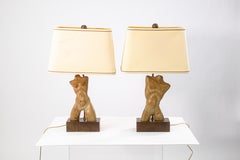 Pair of Vintage Yasha Heifetz Sculptural Wooden Female & Male Torso Table Lamps