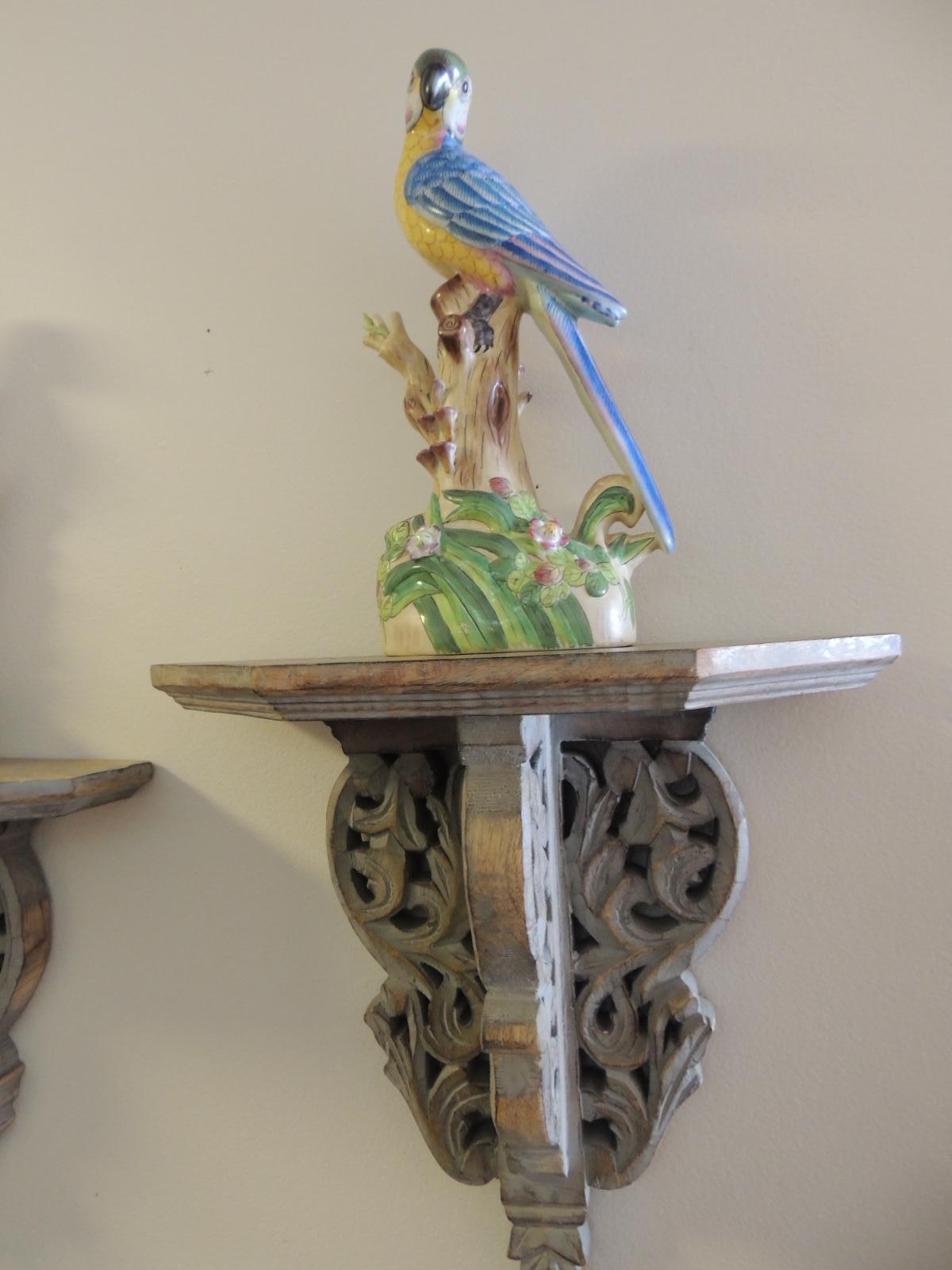 Pair of Vintage Yellow and Blue Chinese Export Parrots on Wood Brackets In Good Condition In Oakland Park, FL