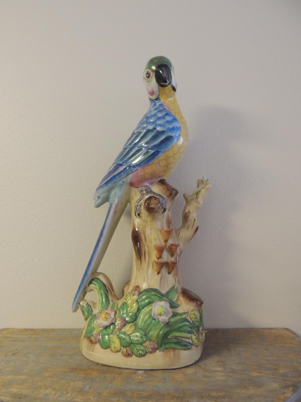Late 20th Century Pair of Vintage Yellow and Blue Chinese Export Parrots on Wood Brackets