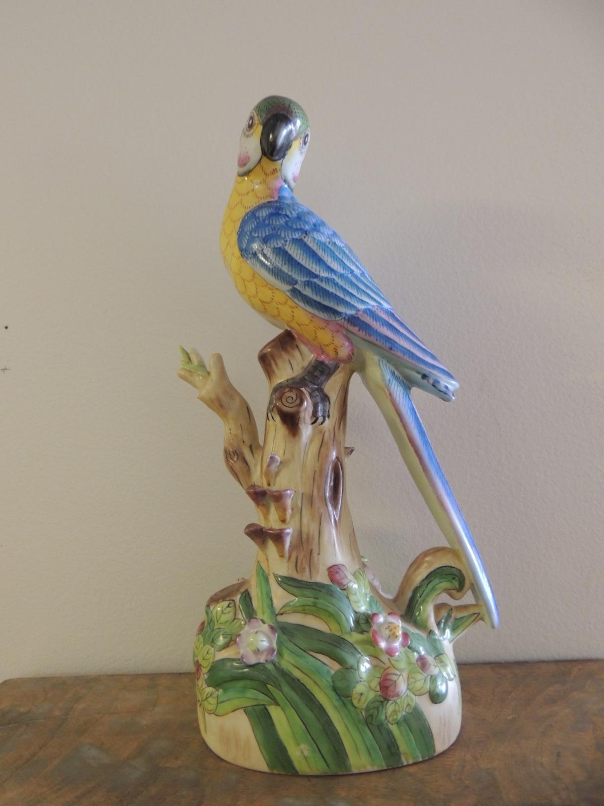 Ceramic Pair of Vintage Yellow and Blue Chinese Export Parrots on Wood Brackets