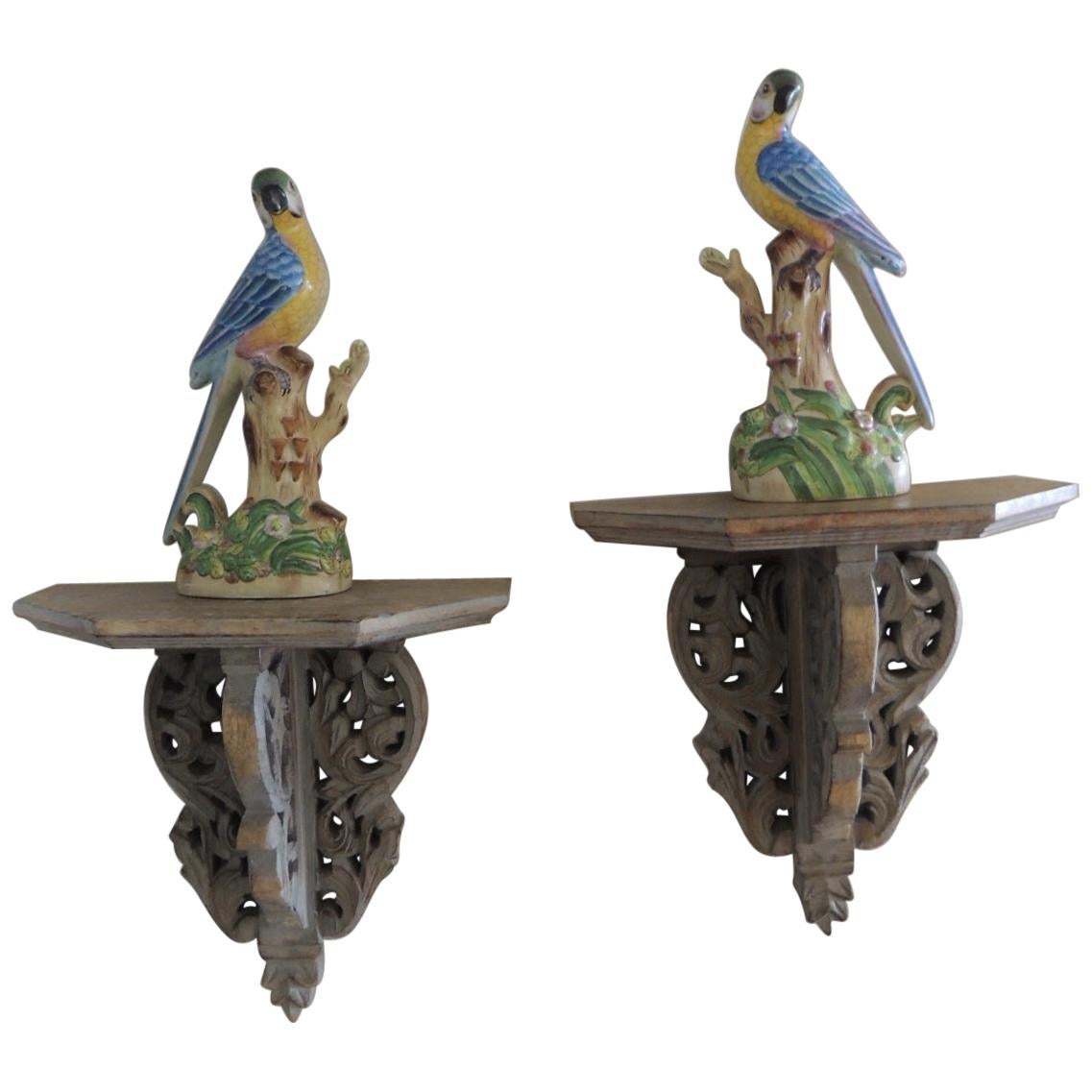Pair of Vintage Yellow and Blue Chinese Export Parrots on Wood Brackets