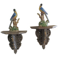 Pair of Vintage Yellow and Blue Chinese Export Parrots on Wood Brackets