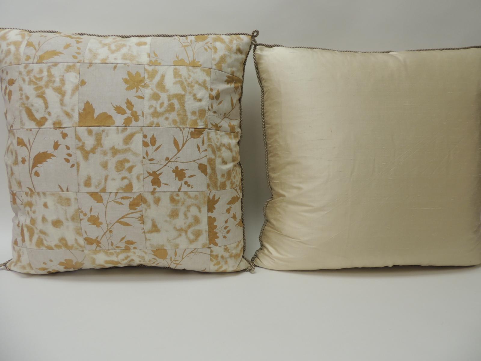 Hand-Crafted Pair of Vintage Yellow and Natural Fortuny Patchwork Square Decorative Pillows