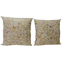Pair of Vintage Yellow and Natural Fortuny Patchwork Square Decorative Pillows