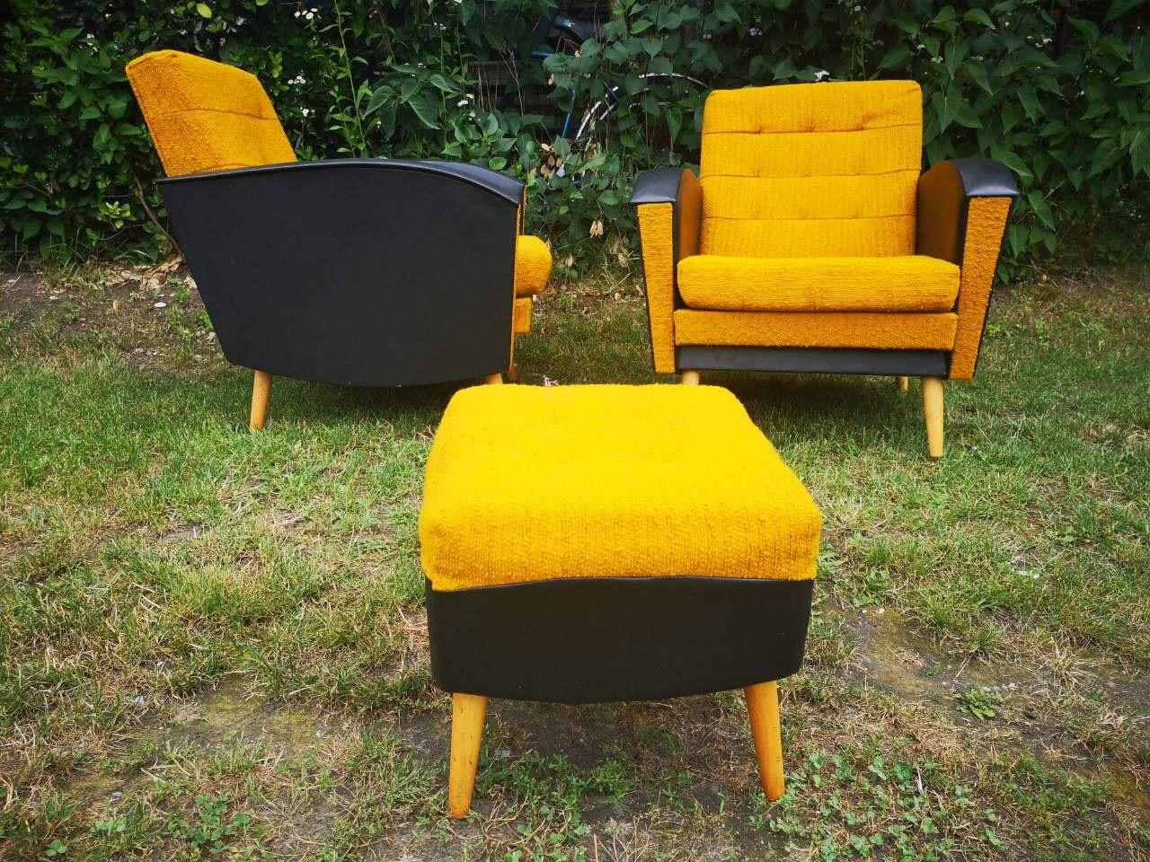 Pair of vintage yellow lounge armchairs and 1 ottoman.
Danish style armchairs from the 1960s.
Both the timber frame and the original fabric is in beautiful condition
The vivid yellow fabric and the black vinyl albums work very well together.
 