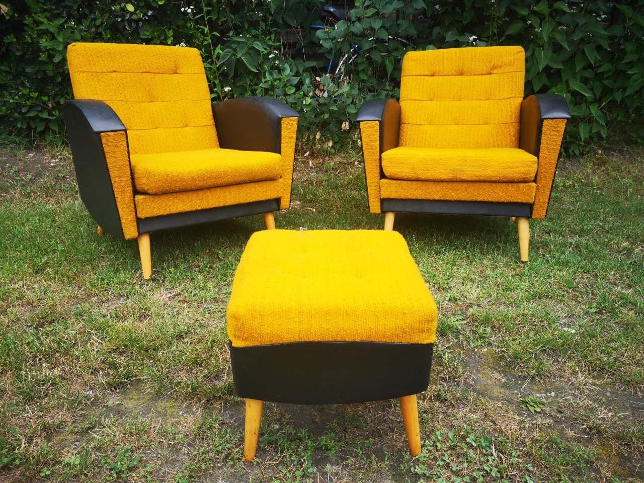 Hungarian Pair of Vintage Yellow Lounge Armchairs and 1 Ottoman For Sale