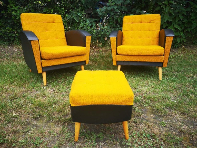 Pair of Vintage Yellow Lounge Armchairs and 1 Ottoman For Sale at 1stDibs