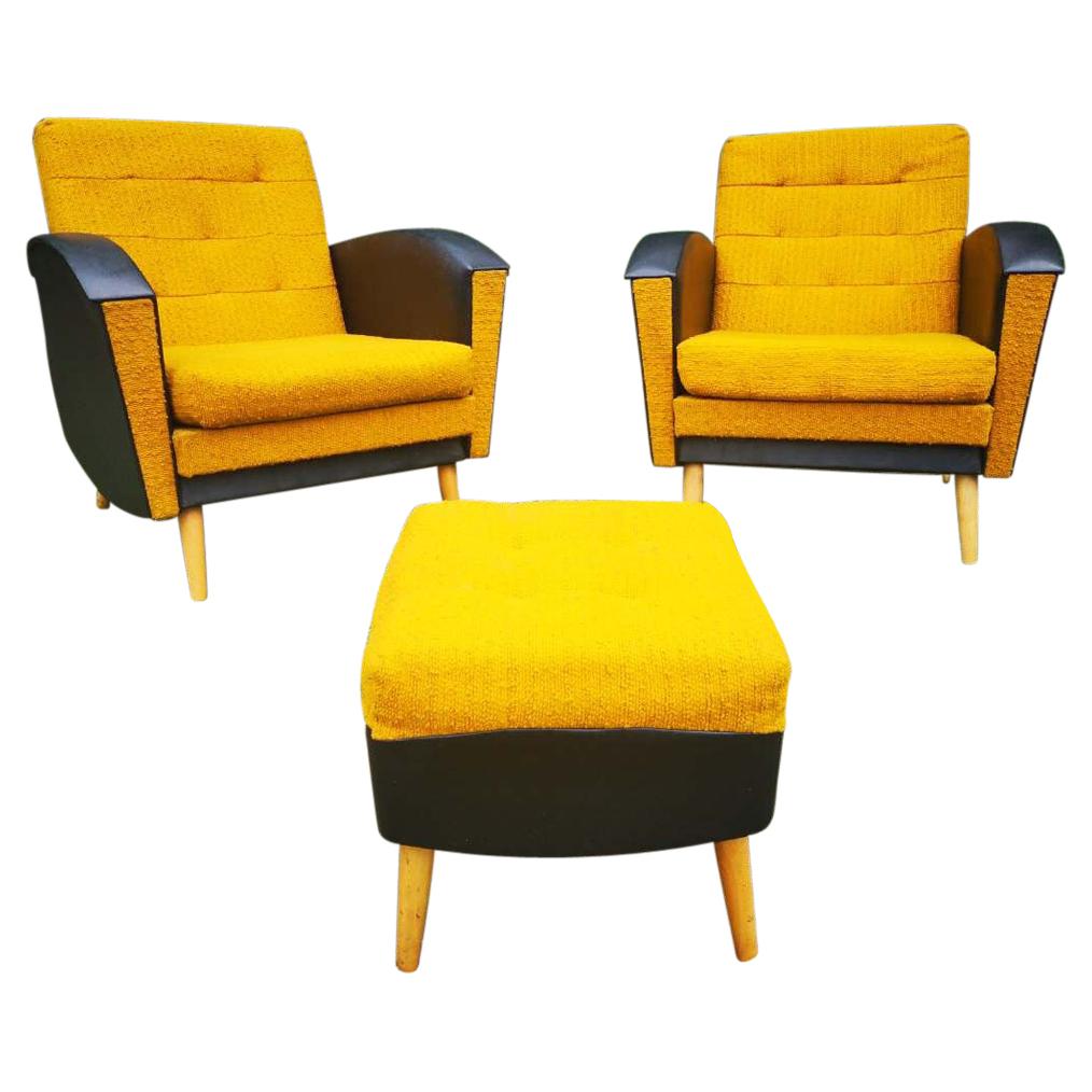 Pair of Vintage Yellow Lounge Armchairs and 1 Ottoman For Sale