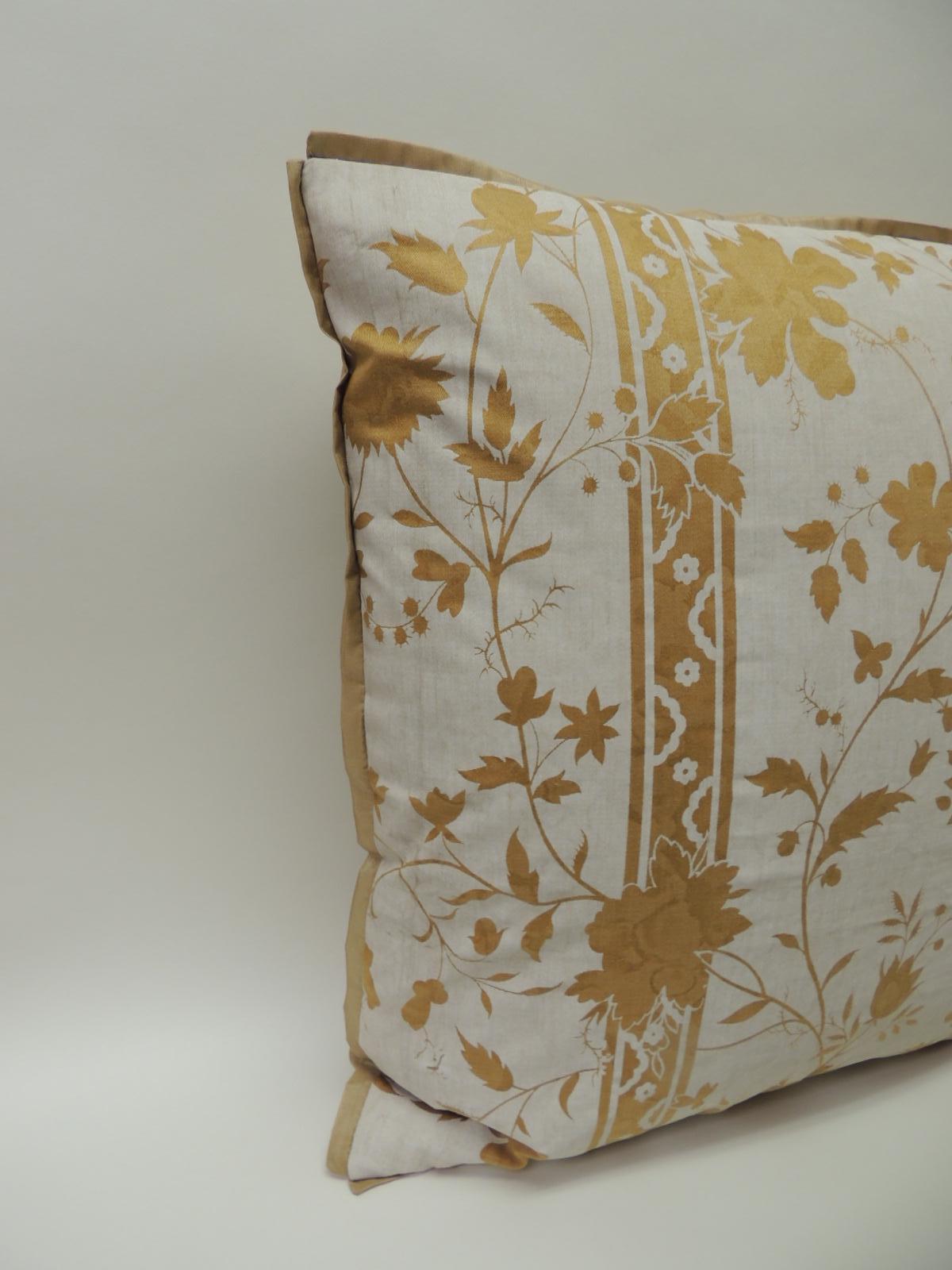 Pair of vintage yellow and natural Fortuny stripes and flowers decorative square pillows. Square decorative pillows embellished with ATG custom flat golden silk trim, same as backings. Decorative square pillows handcrafted and designed in the USA.