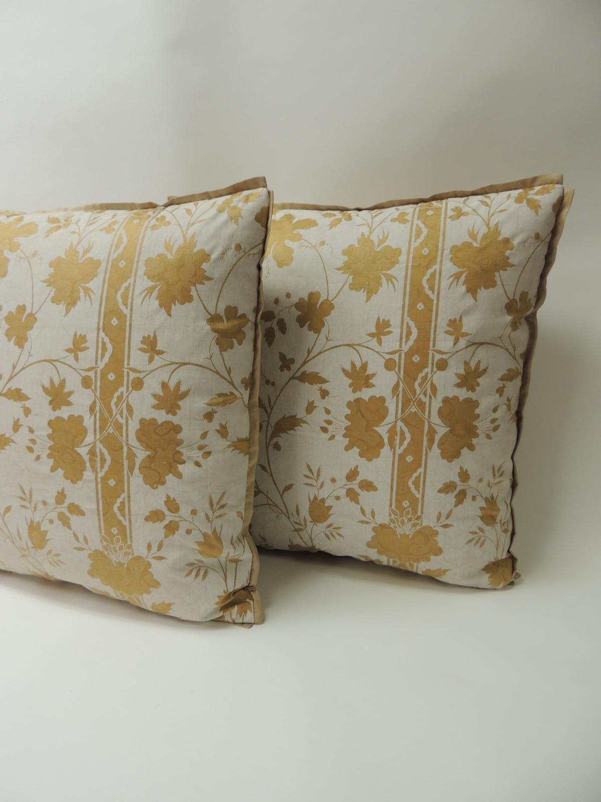 Italian Pair of Vintage Yellow & Natural Fortuny Stripes and Flowers Decorative Pillows