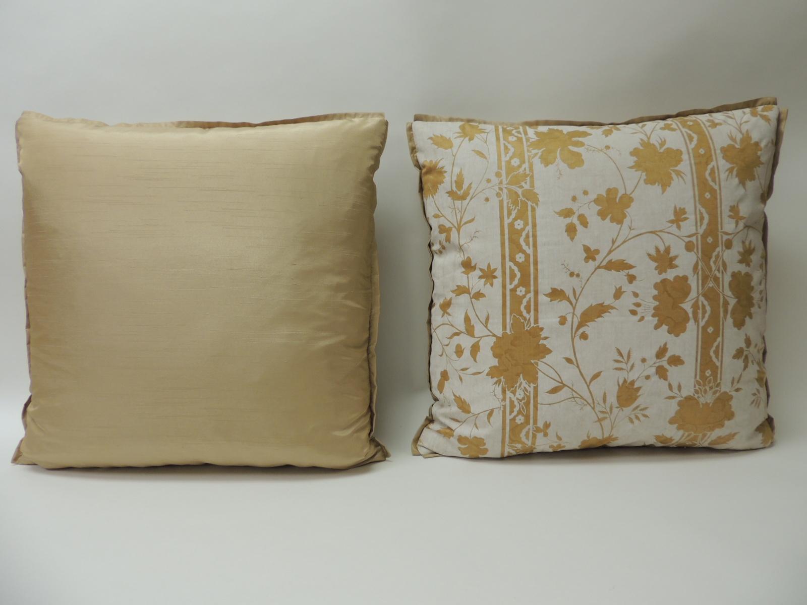Hand-Crafted Pair of Vintage Yellow & Natural Fortuny Stripes and Flowers Decorative Pillows