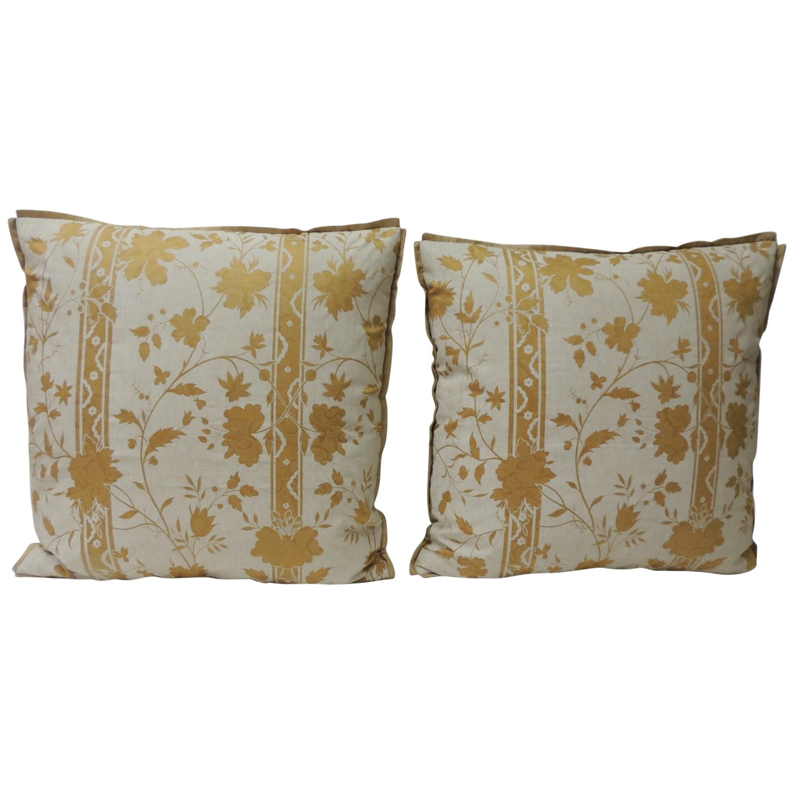 Pair of Vintage Yellow & Natural Fortuny Stripes and Flowers Decorative Pillows