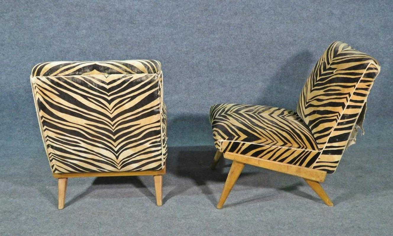Mid-Century Modern Pair of Vintage Zebra Print Lounge Chairs