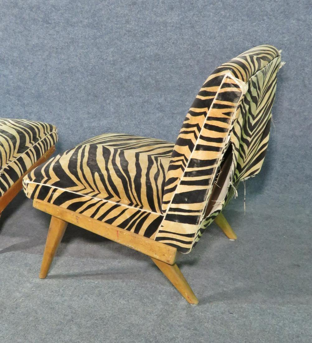 Pair of Vintage Zebra Print Lounge Chairs In Fair Condition In Brooklyn, NY