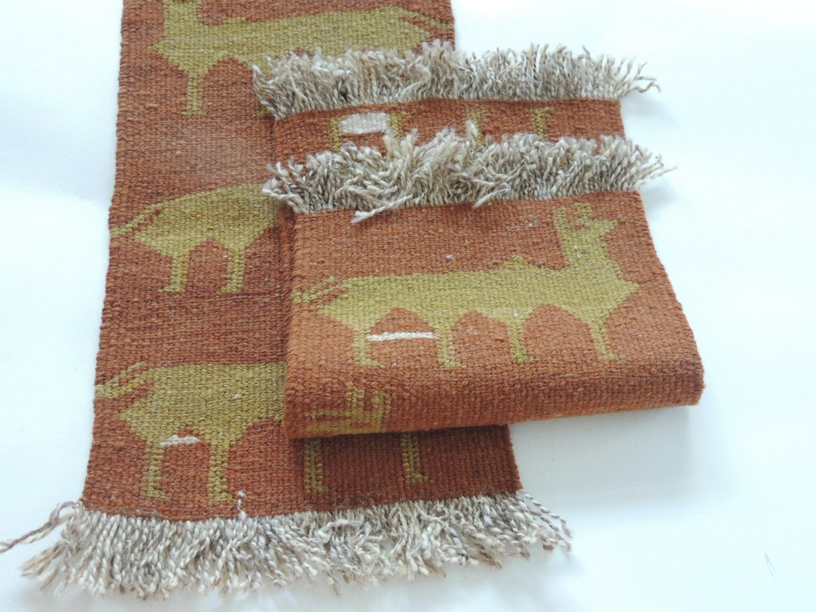 Spanish Pair of Vintage Camel and Green Woven Rug Samples