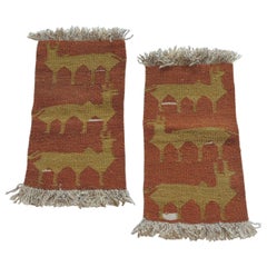 Pair of Vintage Camel and Green Woven Rug Samples