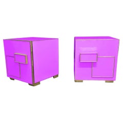 Pair of Violet Art Deco Nightstands with Murano Glass and Geometric Brass Detail