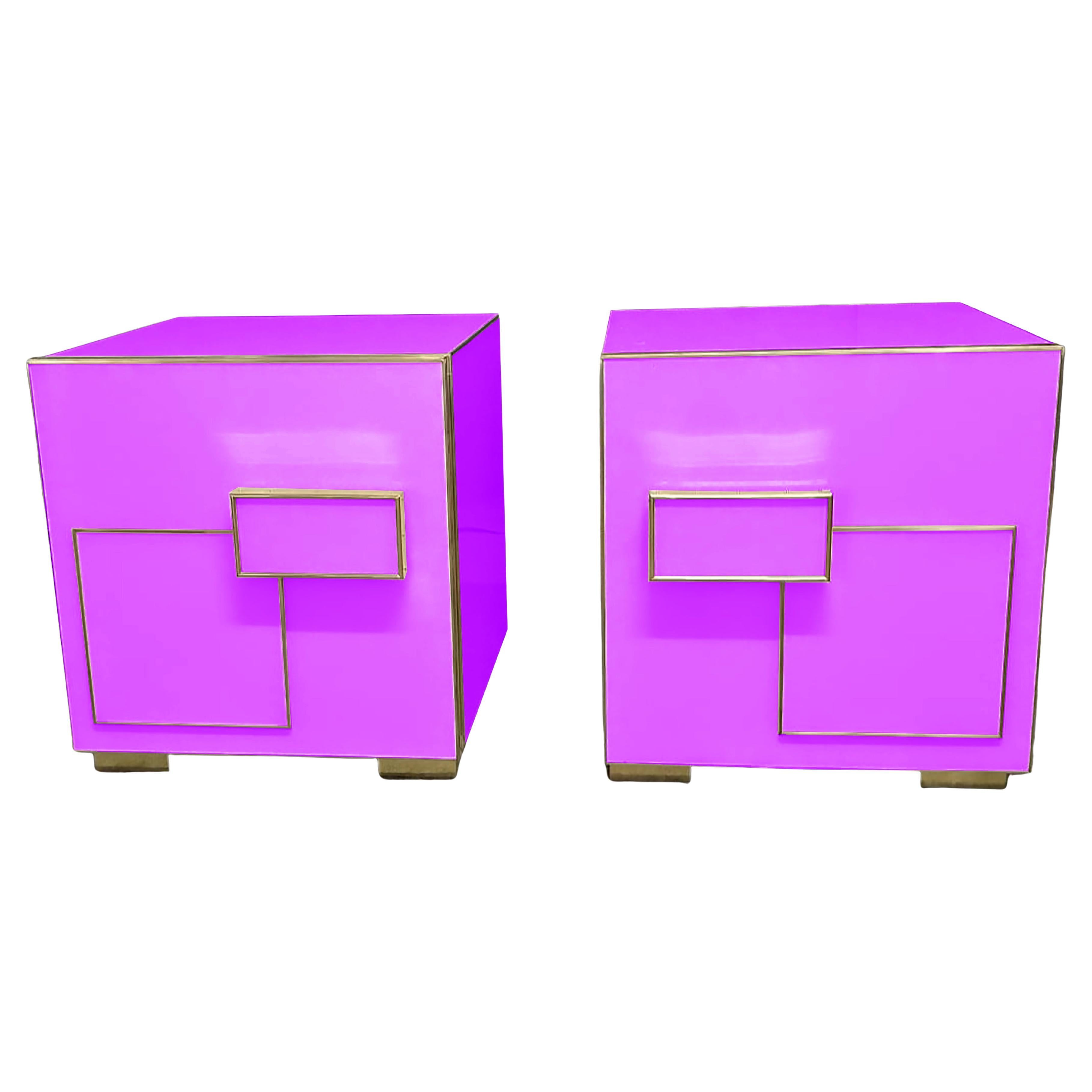 Pair of Violet Art Deco Nightstands with Murano Glass and Geometric Brass Detail