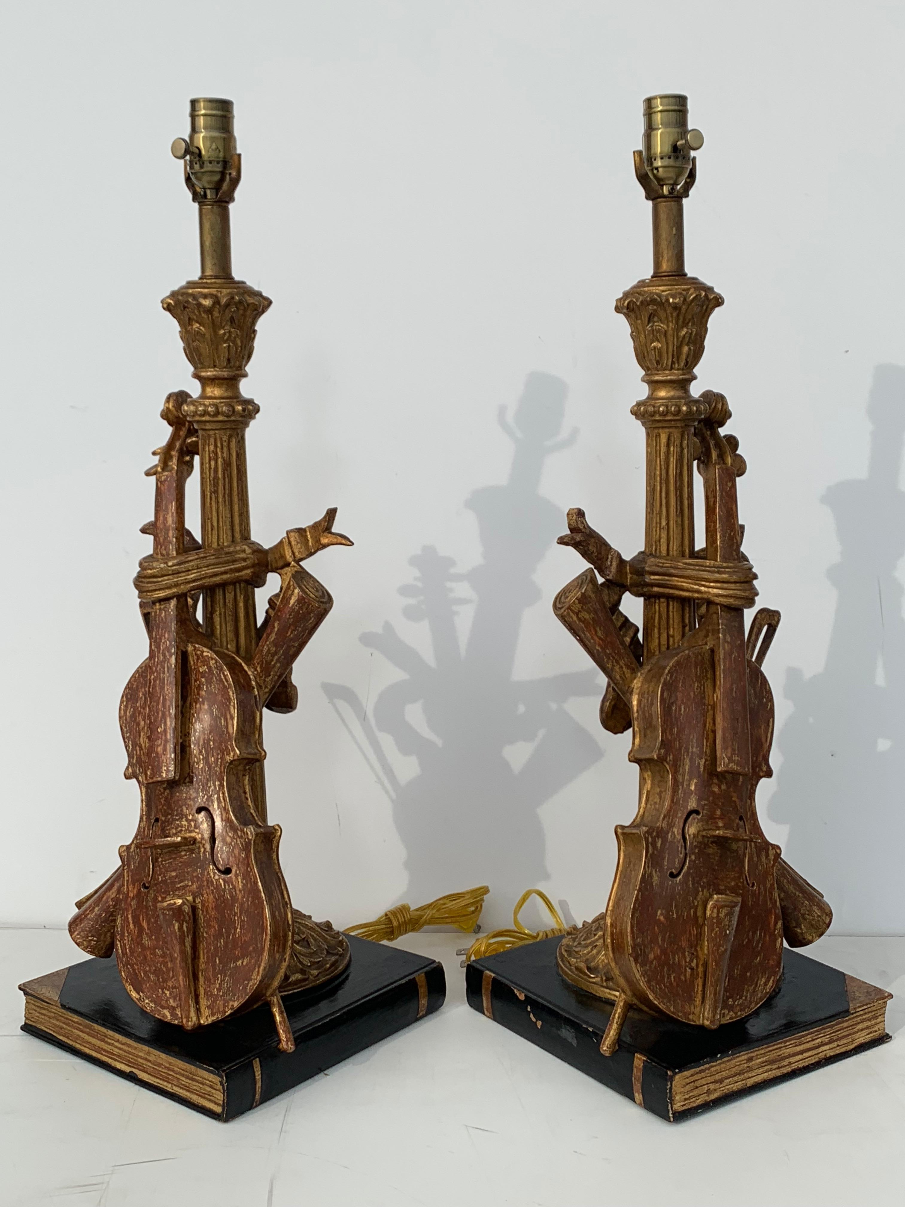 Hollywood Regency Pair of Violin Gold Leaf Lamps For Sale