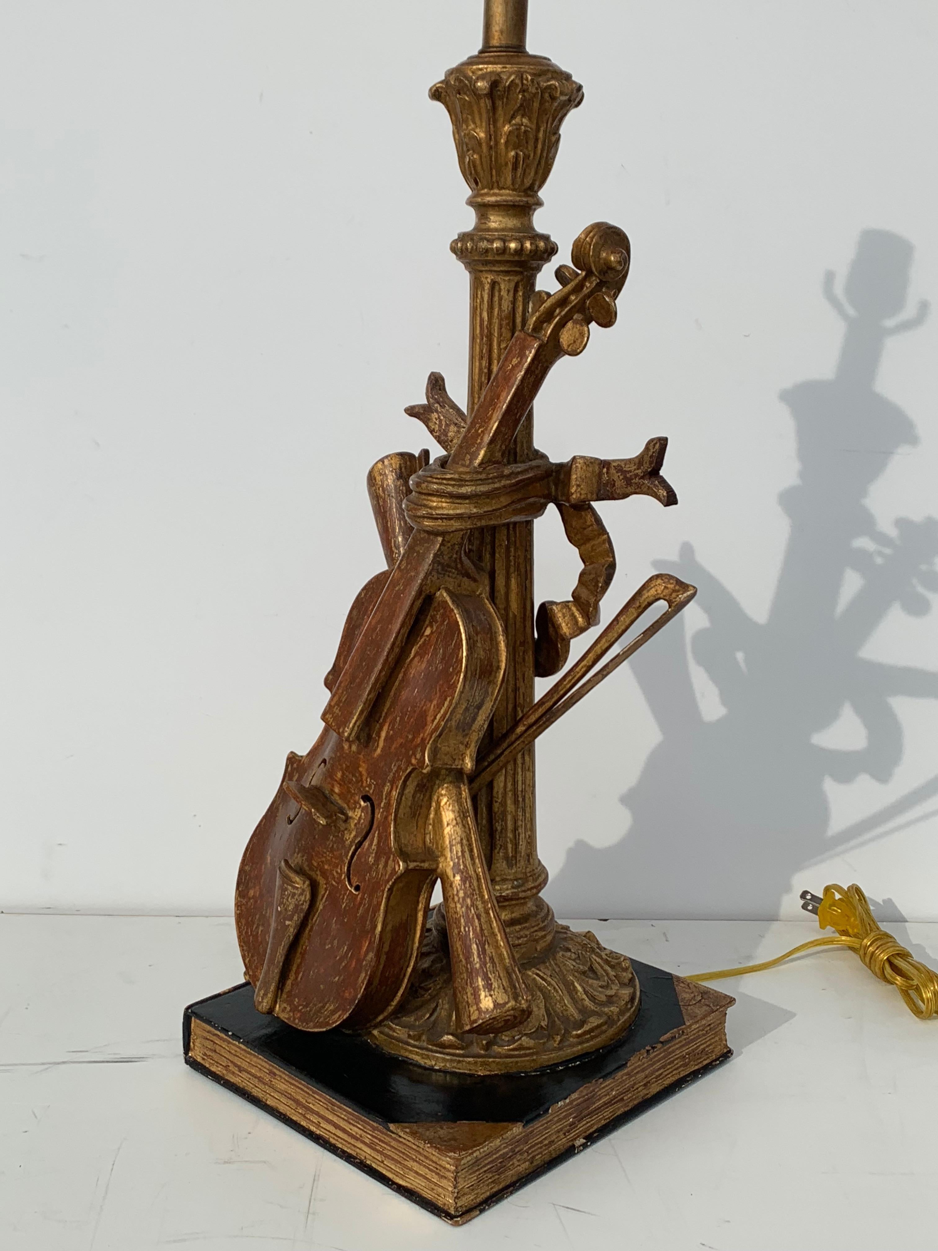 Appliqué Pair of Violin Gold Leaf Lamps For Sale