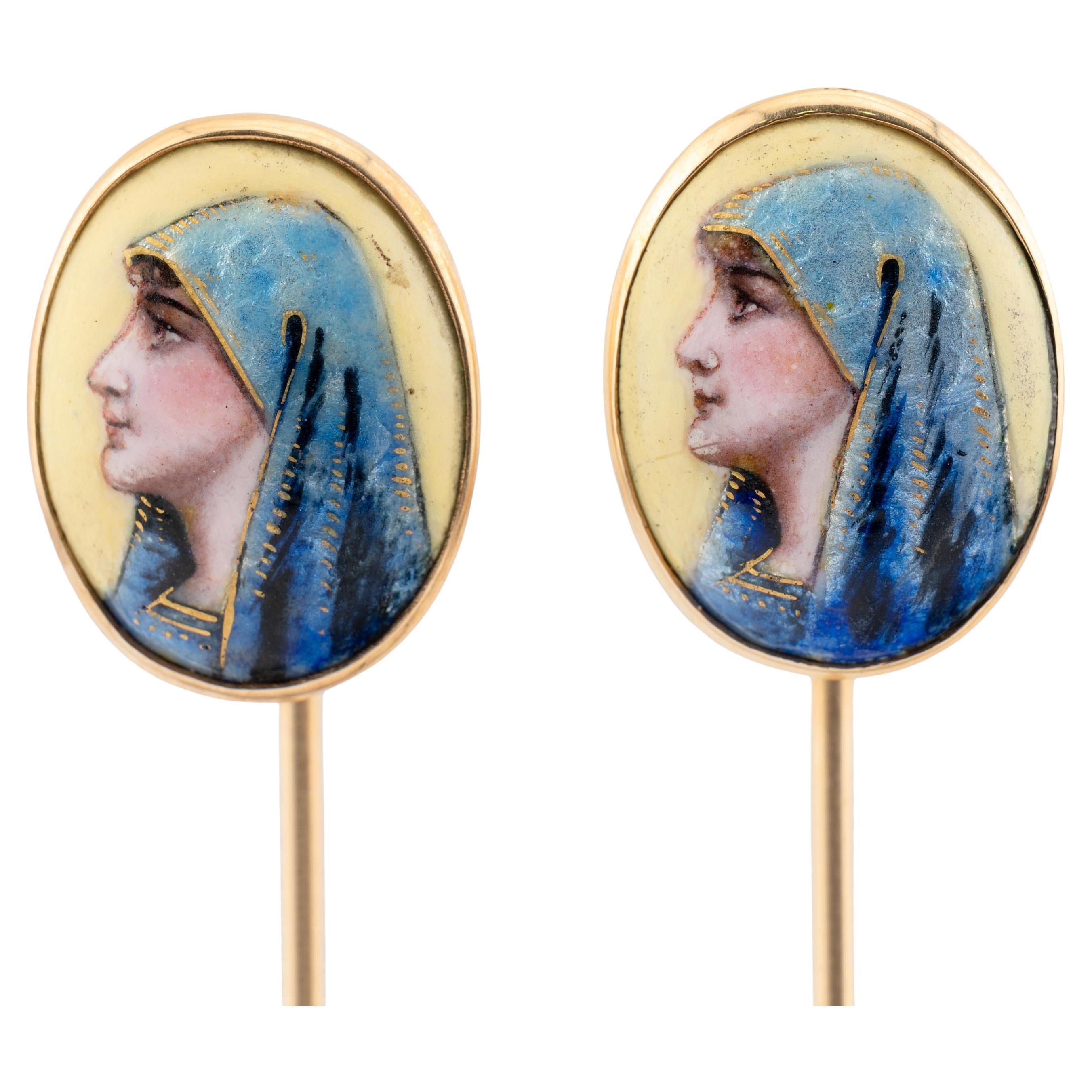Pair of Virgin Mary Hand Painted Enamel Stick Pins in 14 Karat Yellow Gold